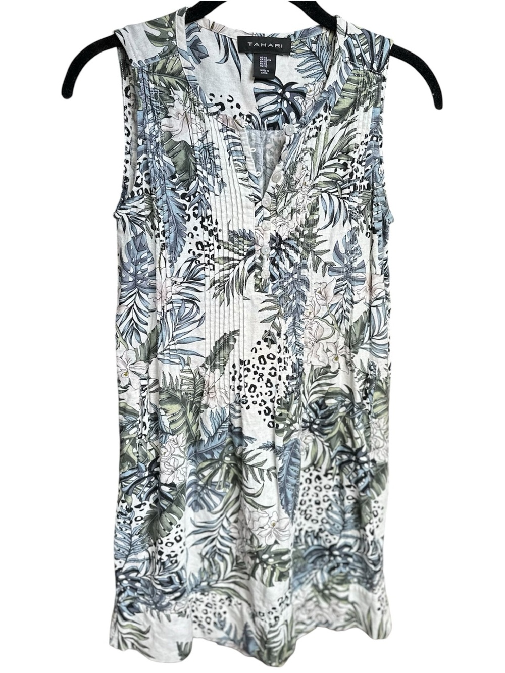 🌴Tahari Tropical Linen Blend Shift Pintuck Sleeveless Dress XS🐆